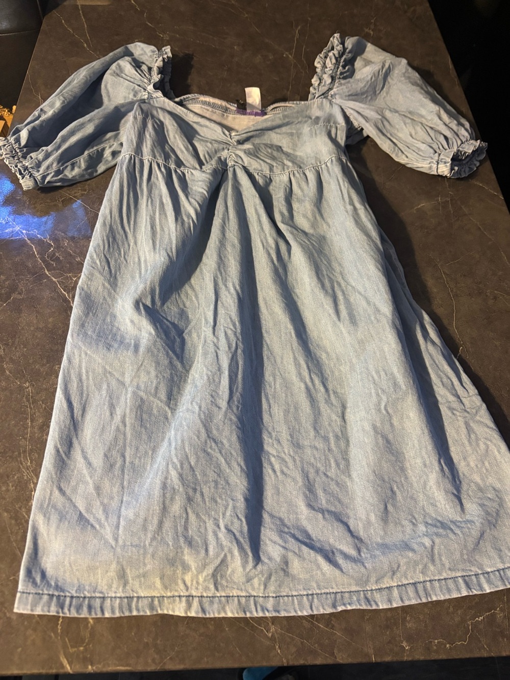 Divided Light Blue Puff-Sleeve Casual Girls' Dress